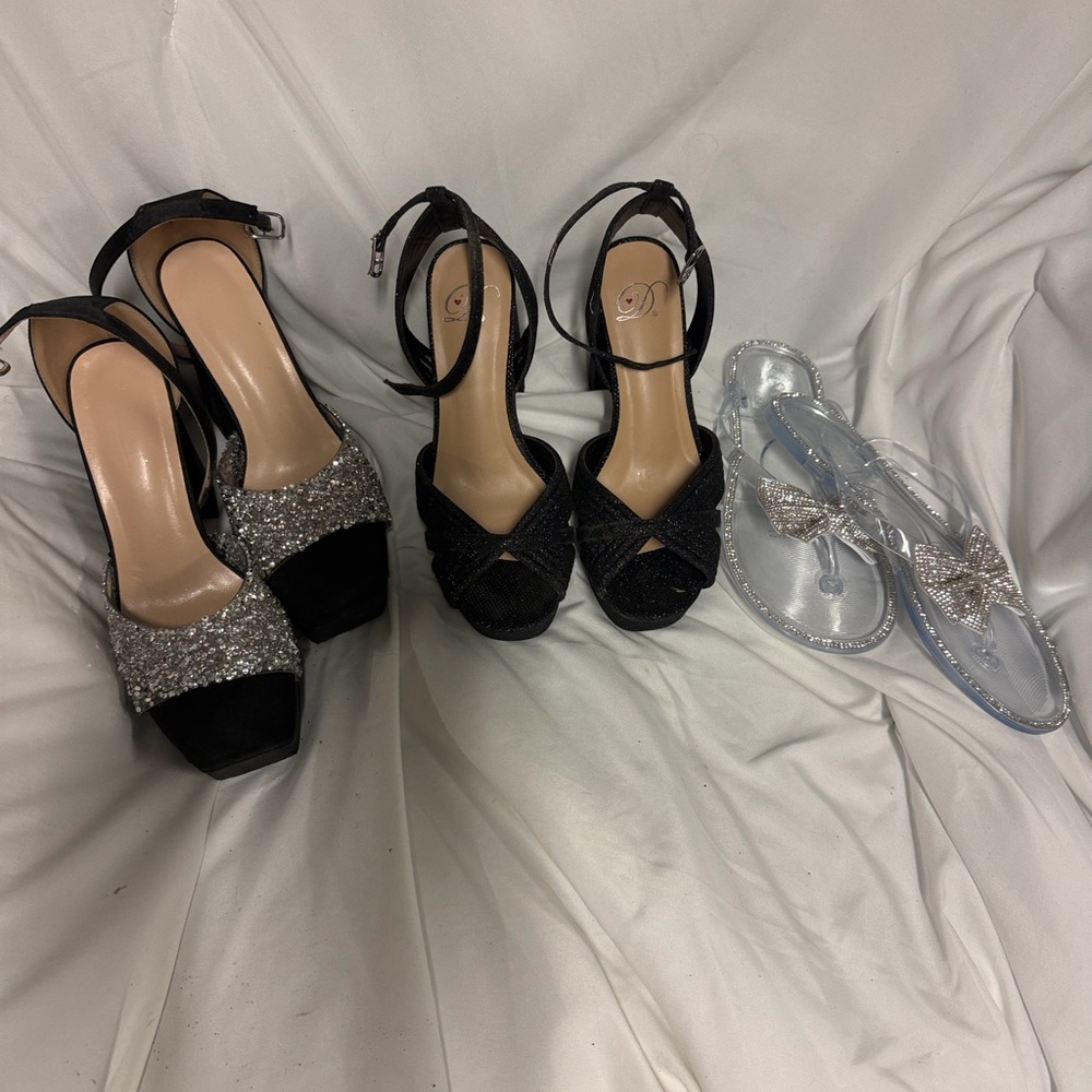 2 Women’s Black Ankle-Strap Heels with and 1 rhinestone flip flops.